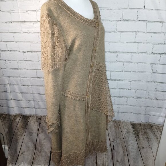 PRETTY ANGEL SWEATER DRESS, LACY, ASYMETRICAL DETAILS, TAN,BOHO, SIZE LARGE - Picture 3 of 5